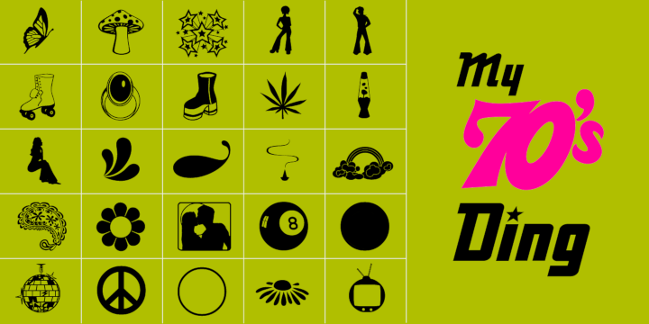 Promotional graphic for the My 70s Ding 1.5 typeface