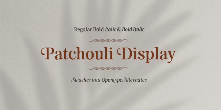 Promotional graphic for the Patchouli Display typeface